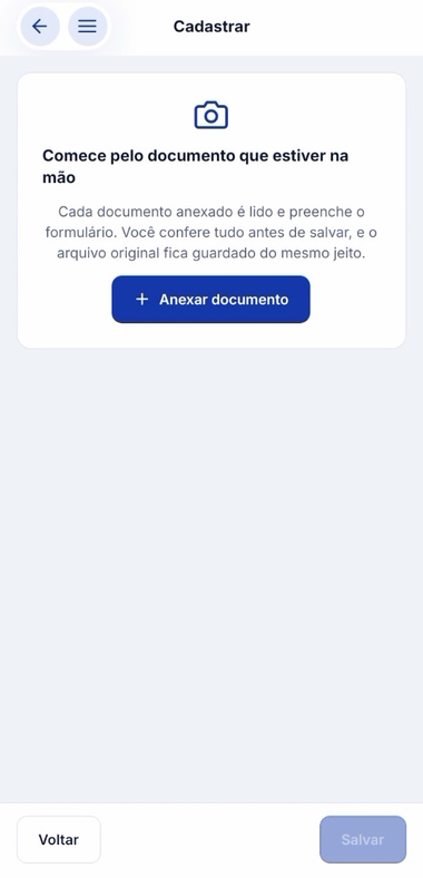 Tela do app pedindo para anexar o documento que estiver na mão