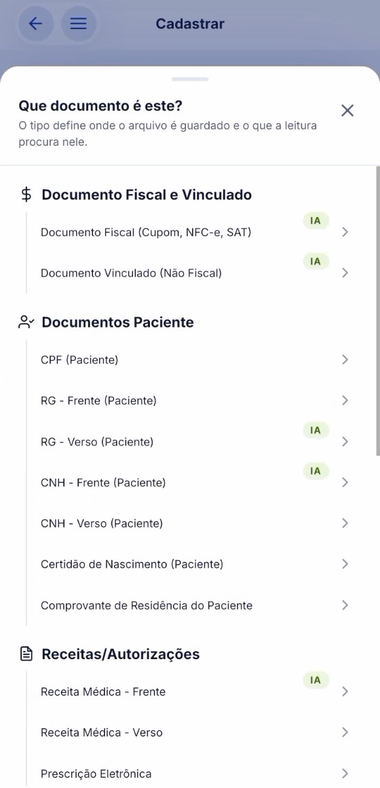 Tela do app classificando os tipos de documento, com etiqueta IA em cada linha