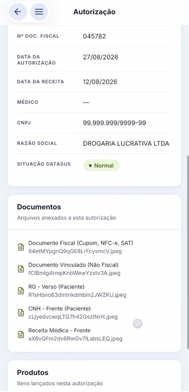Tela do app com a autorização concluída, situação DATASUS Normal e os cinco documentos anexados