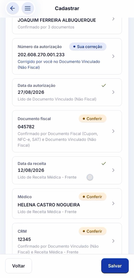 Tela do app com o formulário preenchido pela IA, marcando cada campo como confirmado, confira ou sua correção