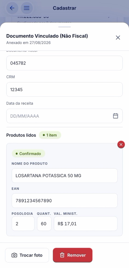 Tela do app: a IA leu o produto LOSARTANA POTASSICA 50 MG, o EAN, a posologia e o valor do Ministério de R$ 17,01